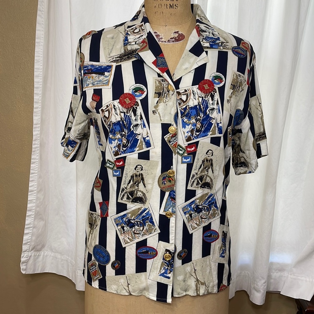 Vintage (90's) That's Me! short sleeve, button up rayon blouse, travel motif